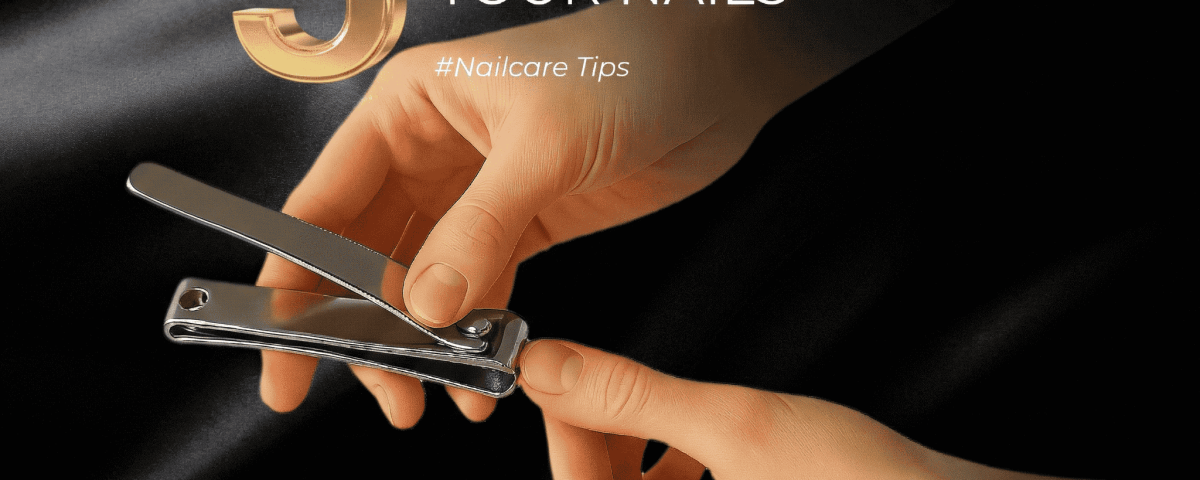 Person clipping nails surrounded by orchids and pebbles, highlighting nail care.