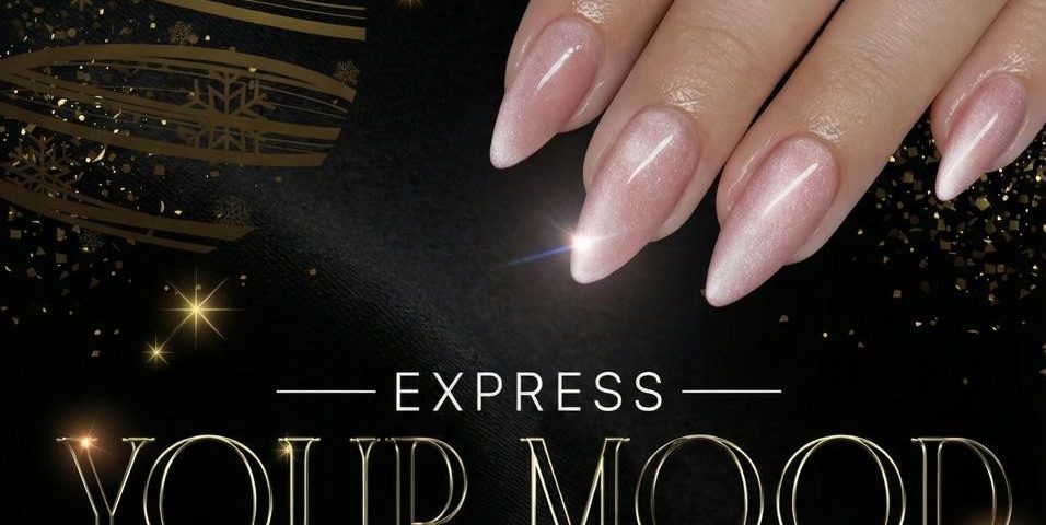 Manicured nails in pink with gold ornamentation and sparkles.