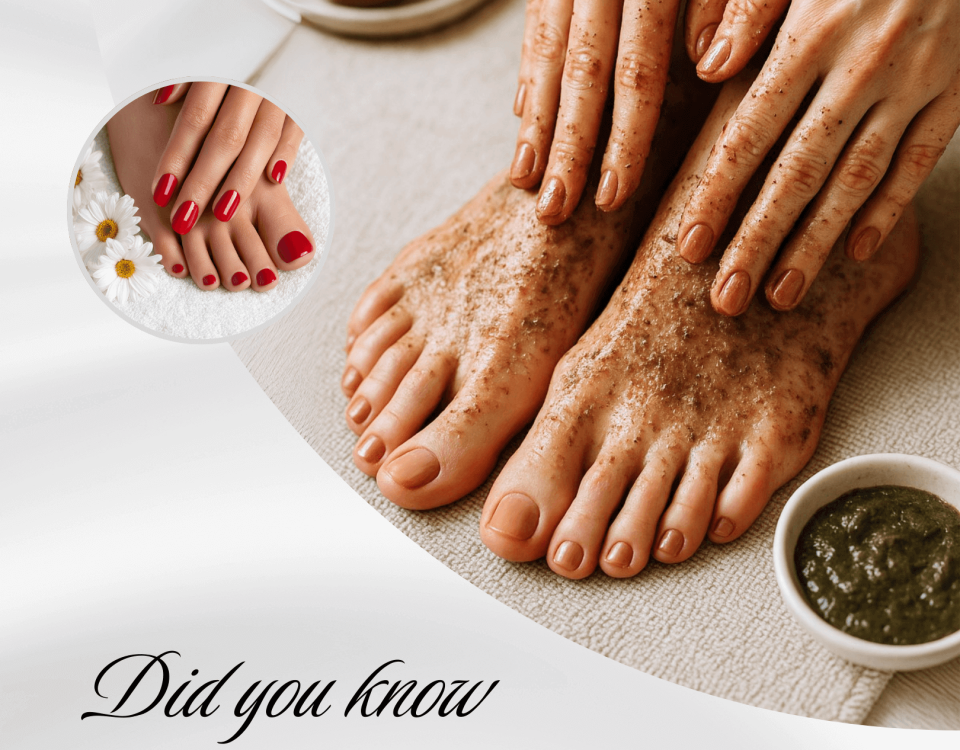 Person applying scrub to feet and hands with well-groomed nails.