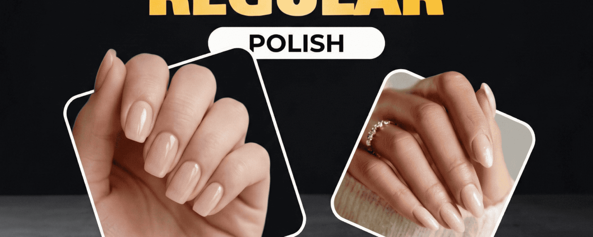 Two manicured hands showing differences between gel and regular nail polish.