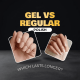 Two manicured hands showing differences between gel and regular nail polish.