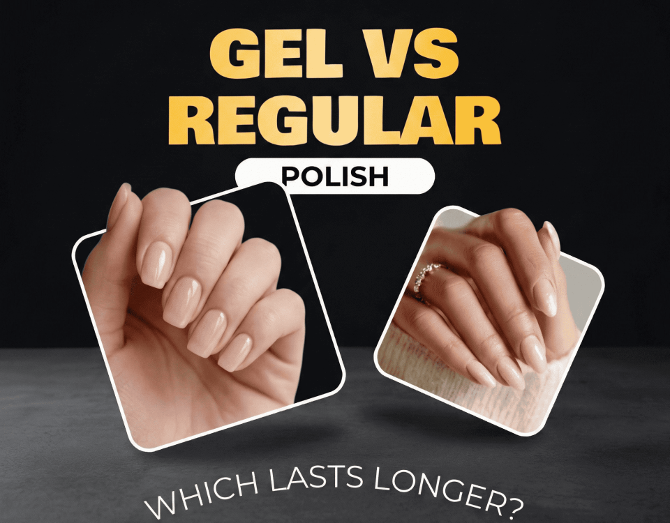 Two manicured hands showing differences between gel and regular nail polish.