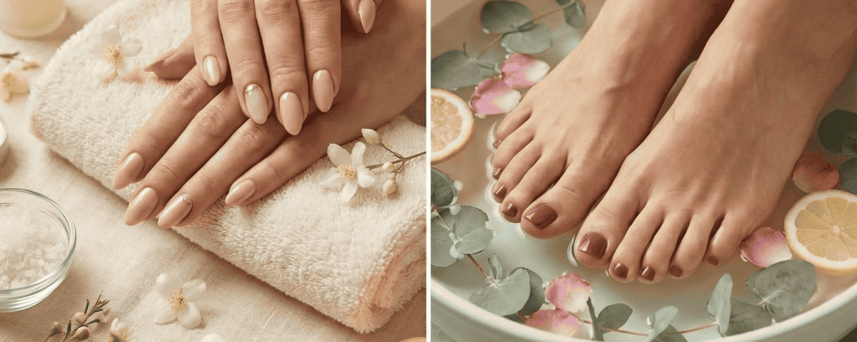 A comparison image of manicured hands and feet in pedicure.