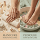 A comparison image of manicured hands and feet in pedicure.
