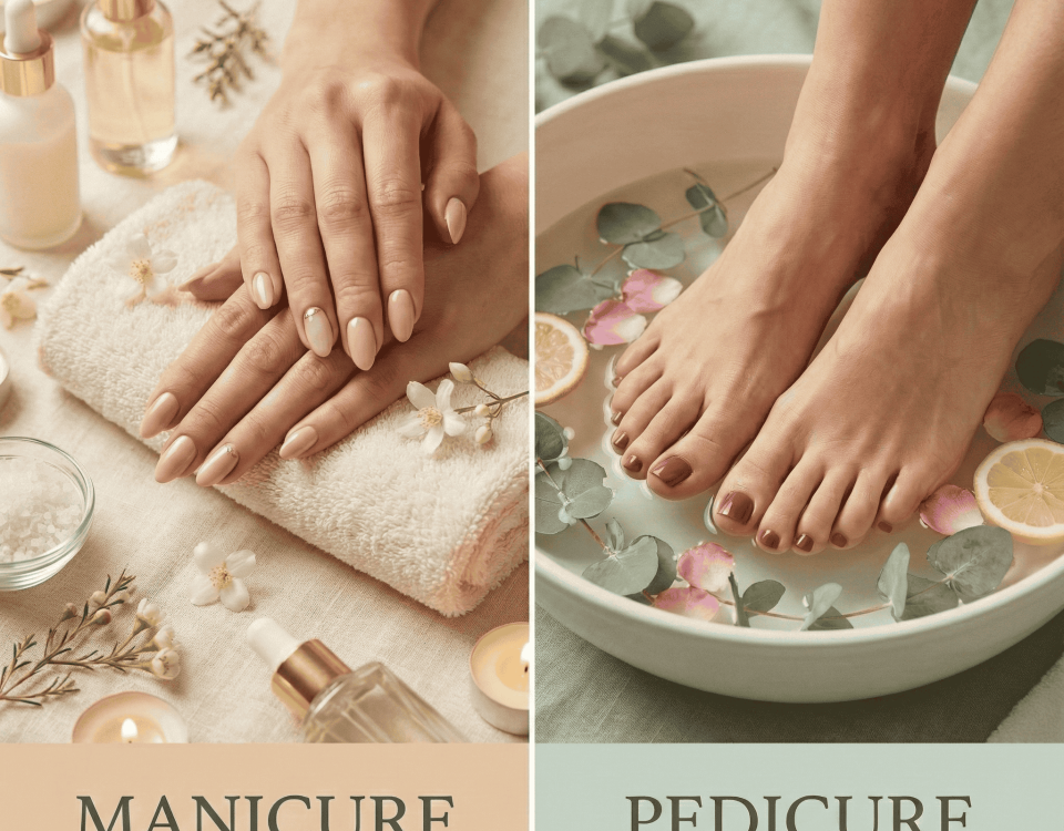 A comparison image of manicured hands and feet in pedicure.