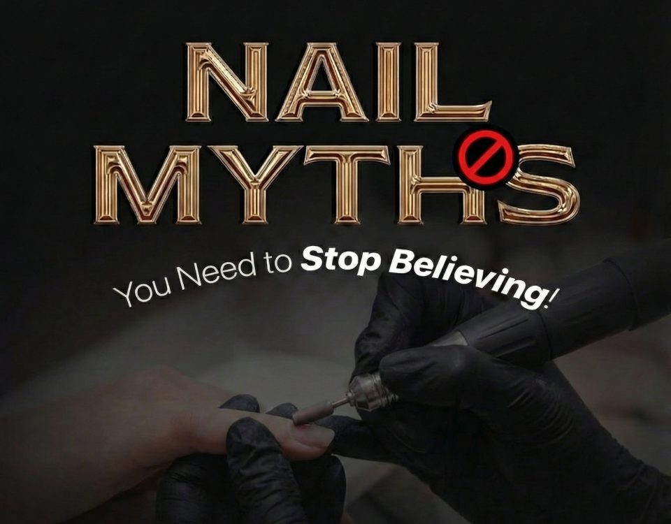 Manicurist wearing gloves uses a tool on nails.